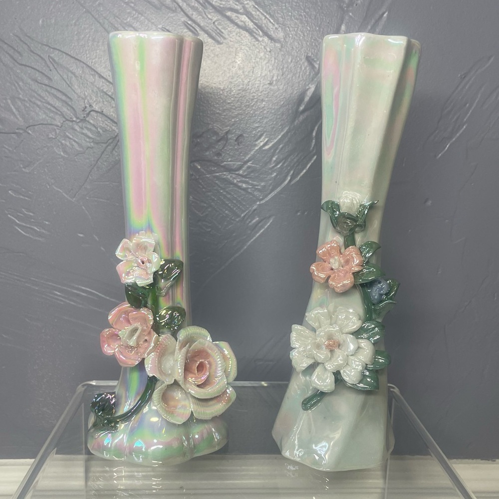 ❗️Donating soon❗️Vintage Lusterware Bud Vase with Applied Flowers Set of Two
